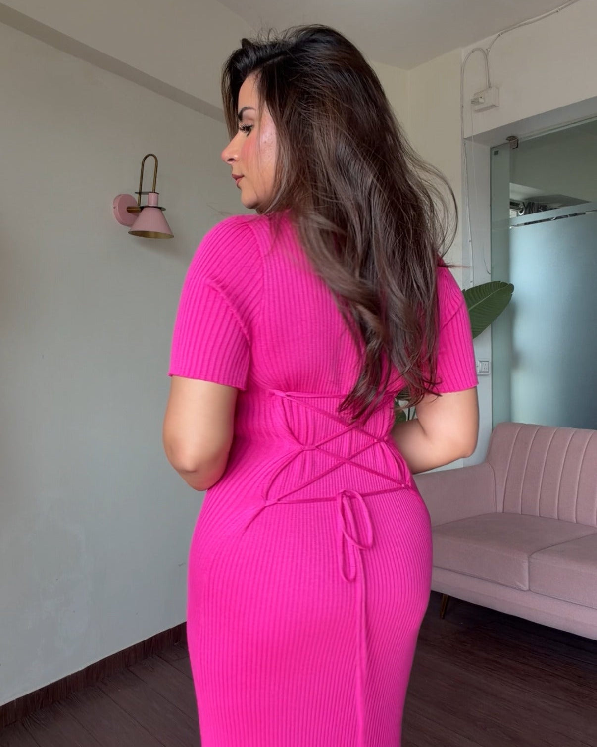 Corset Back Half Sleeve Ribbed Maxi Dress