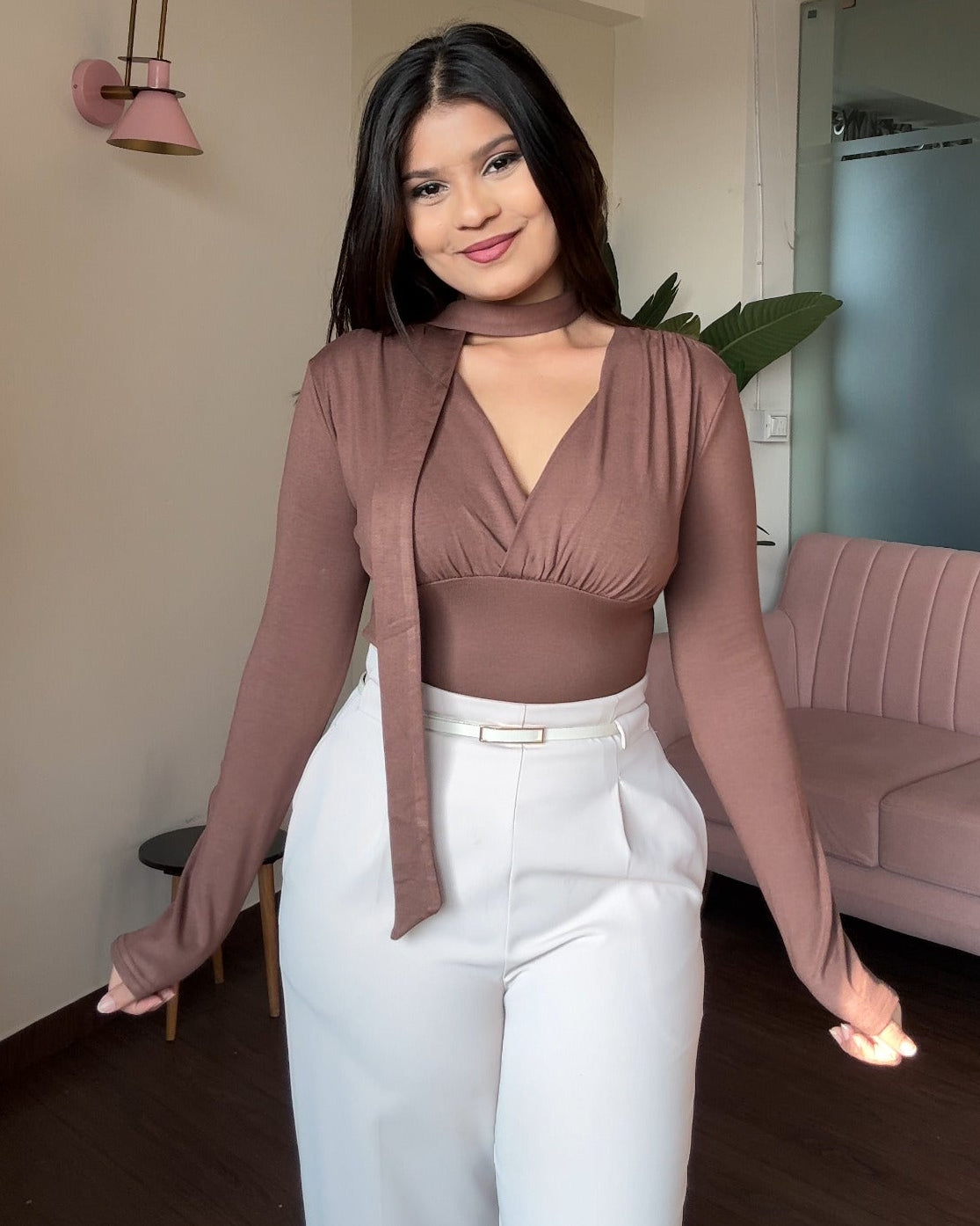 V-Neck Fitted Full Sleeve Top With Tie-Up Scarf