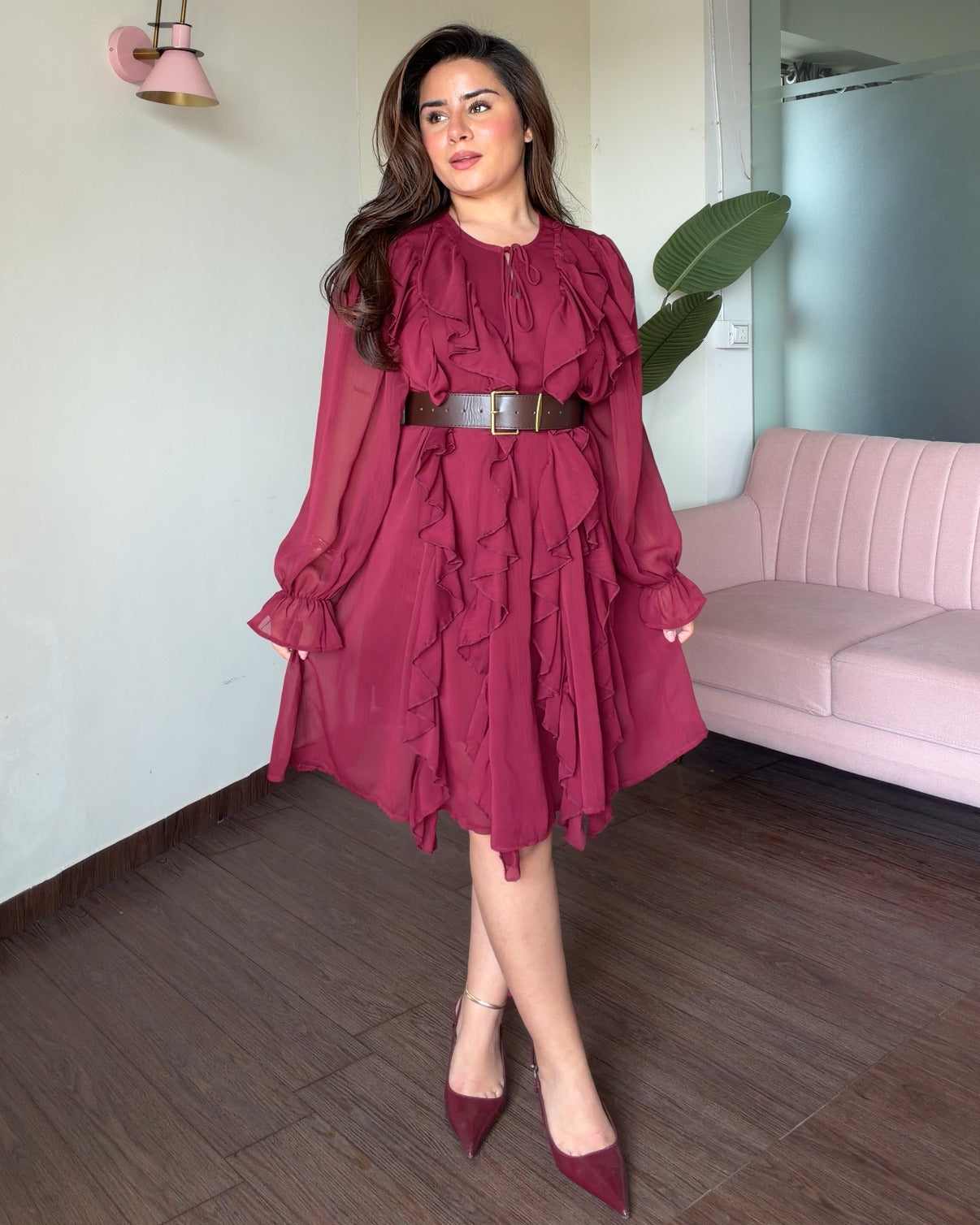 Ruffle Chiffon Dress With Belt