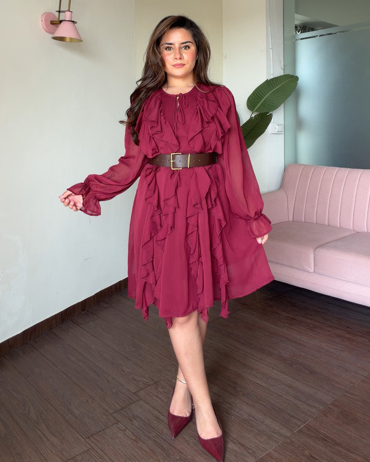 Ruffle Chiffon Dress With Belt
