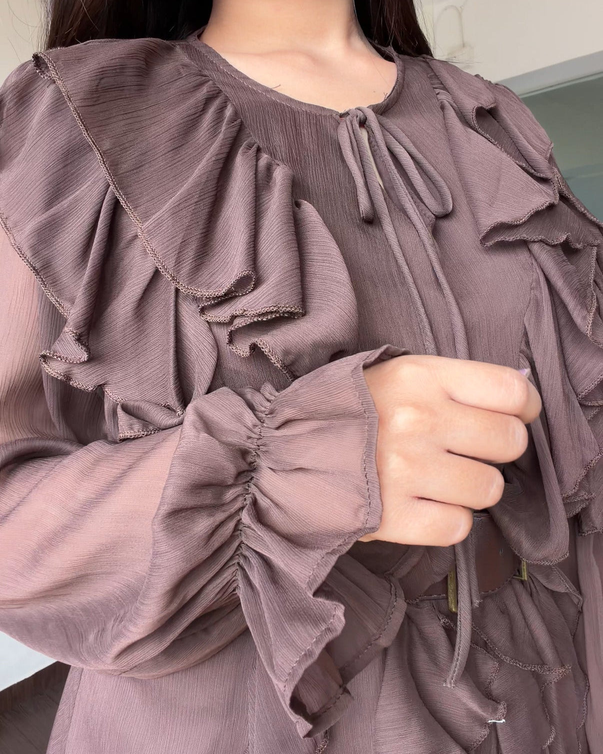Ruffle Chiffon Dress With Belt