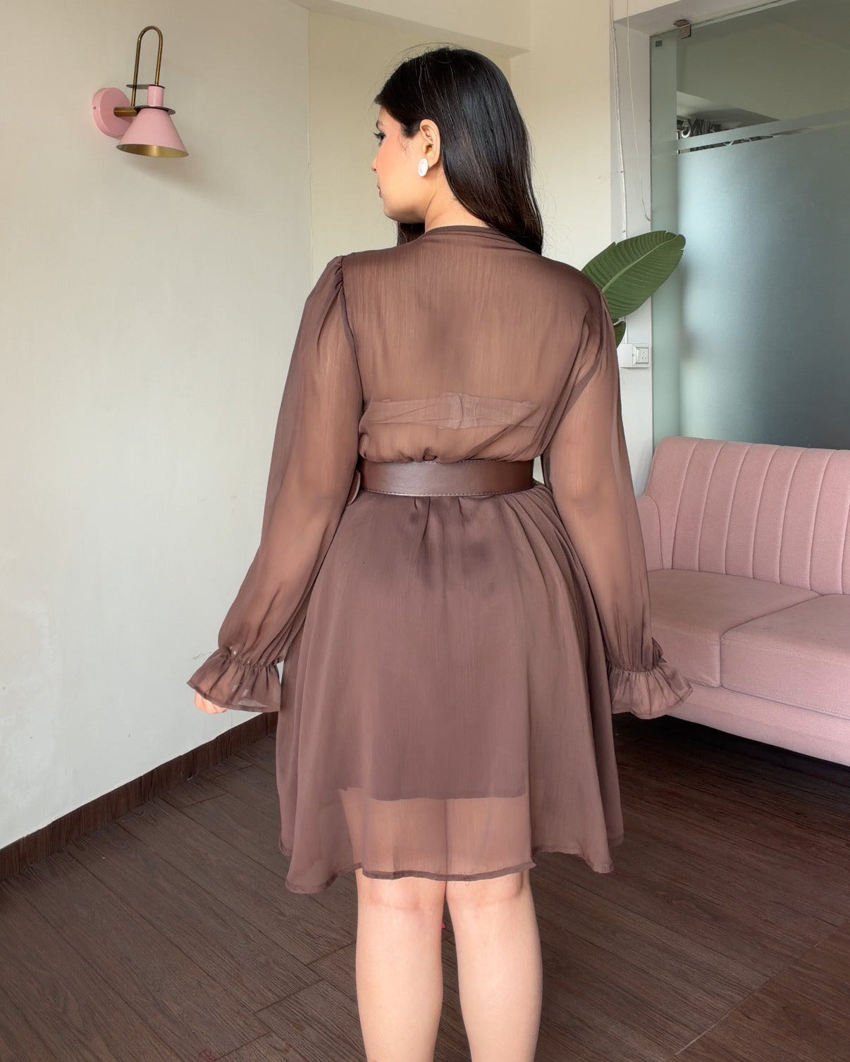 Ruffle Chiffon Dress With Belt