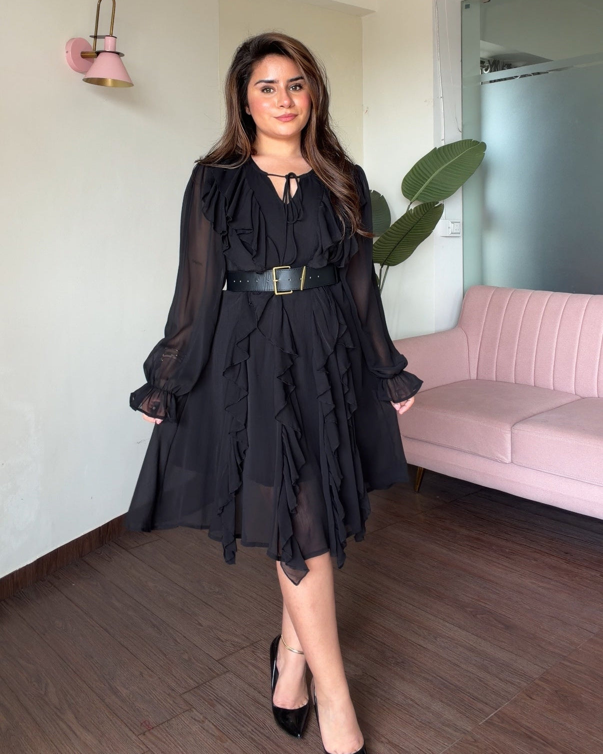 Ruffle Chiffon Dress With Belt