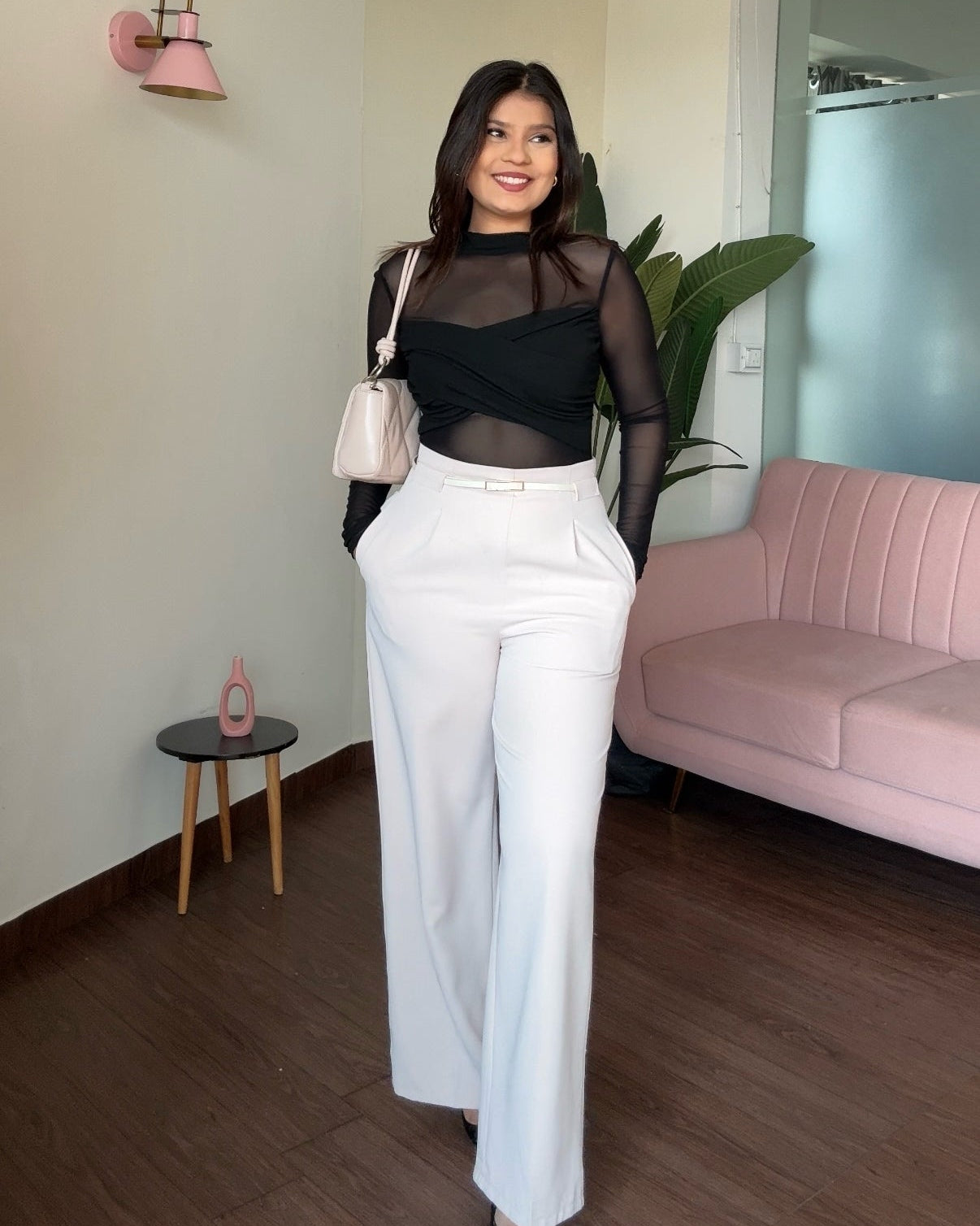 Crossover Top & Straight Fit Wide Leg Pant With Belt