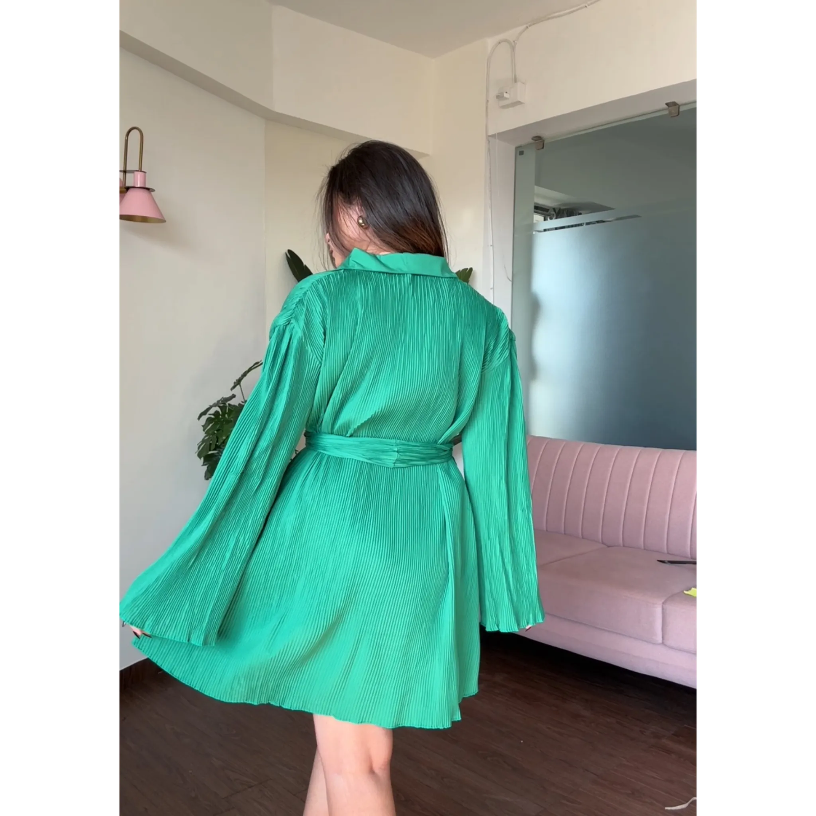 Pleated Shirt Flared Dress With Belt