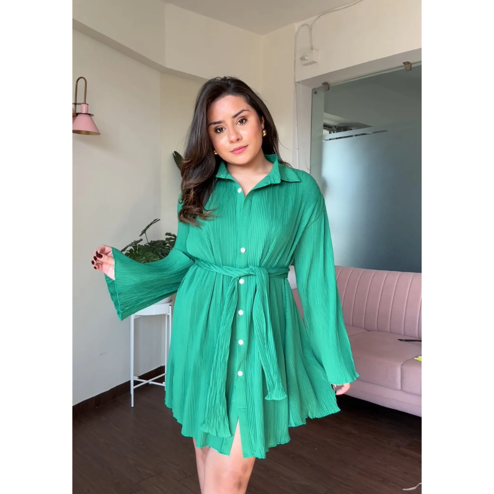 Pleated Shirt Flared Dress With Belt