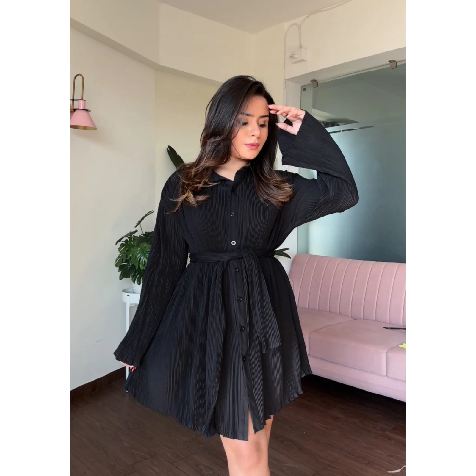 Pleated Shirt Flared Dress With Belt