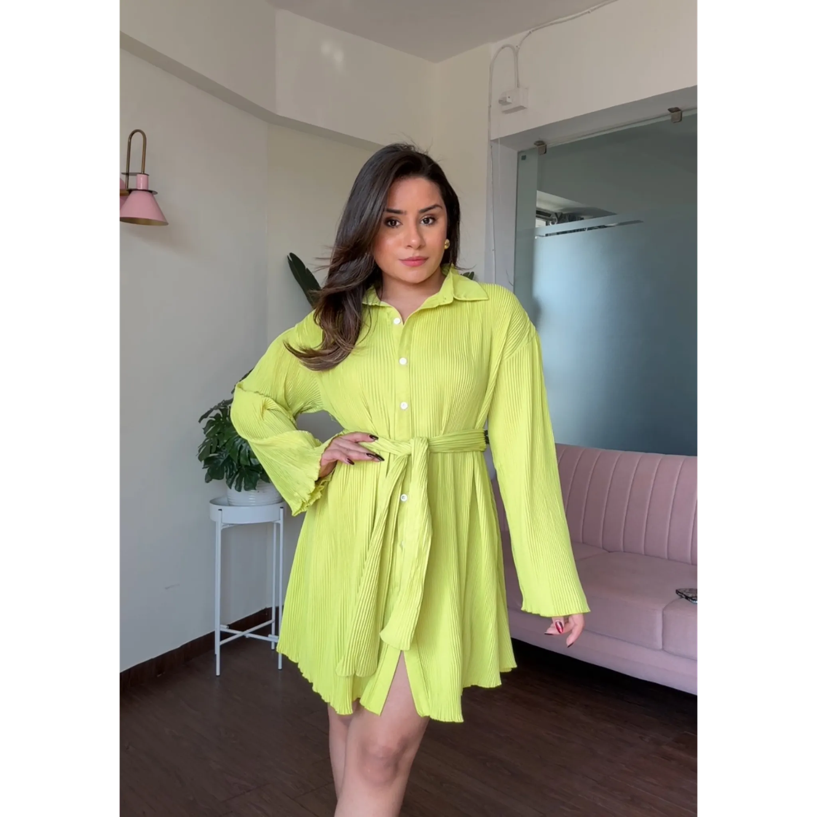 Pleated Shirt Flared Dress With Belt