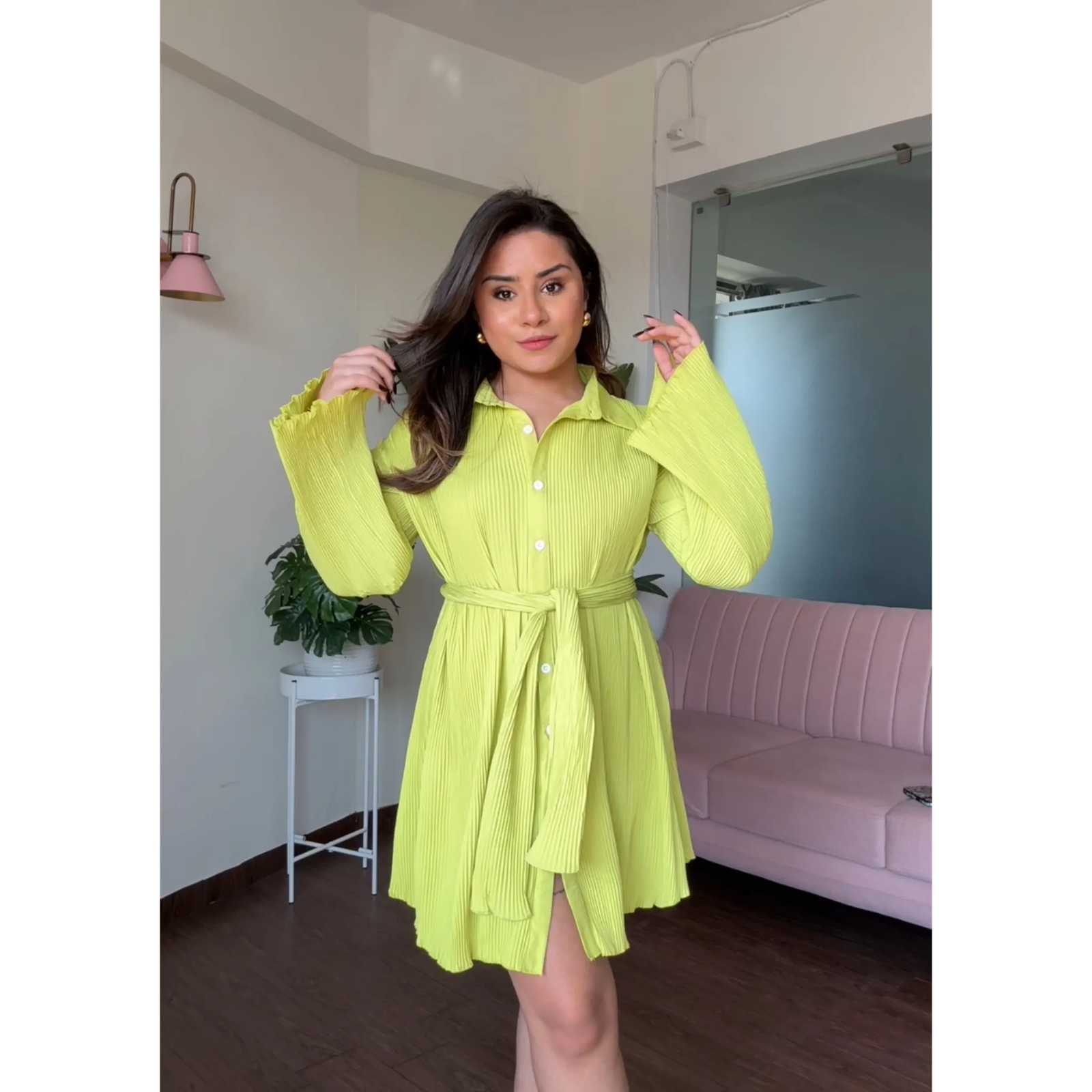 Pleated Shirt Flared Dress With Belt