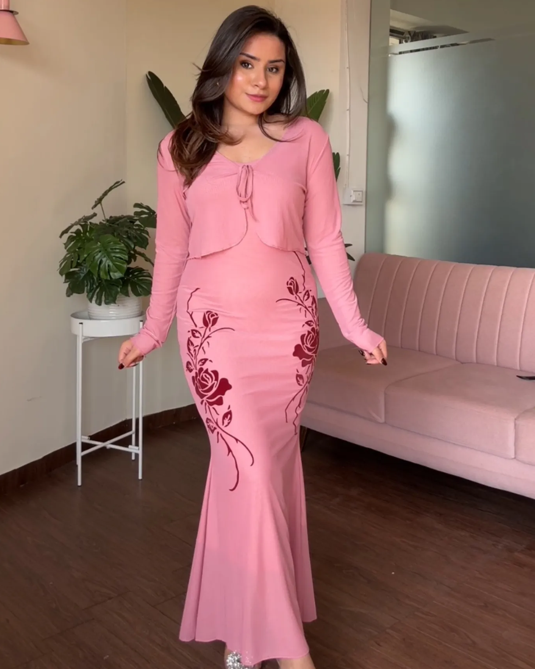 Rose Printed Mermaid Maxi Dress With Shrug