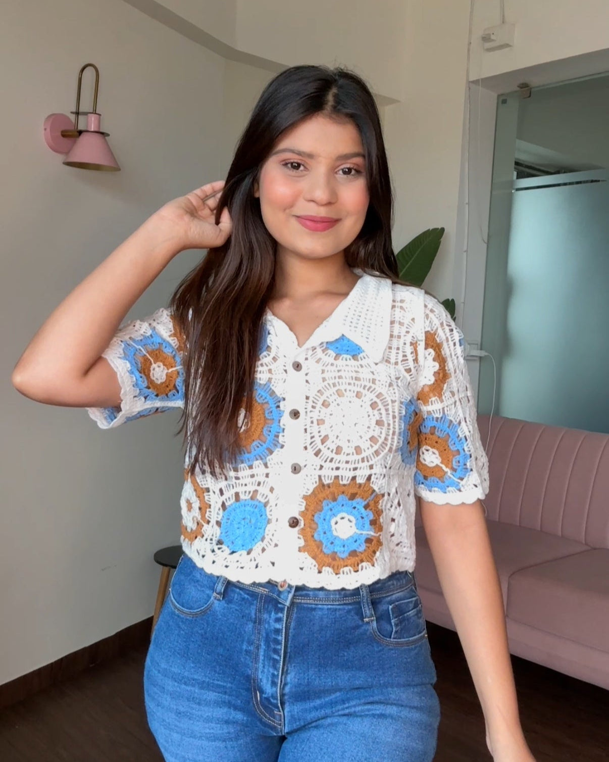 Contrast Block Checker Crochet Cropped Shirt