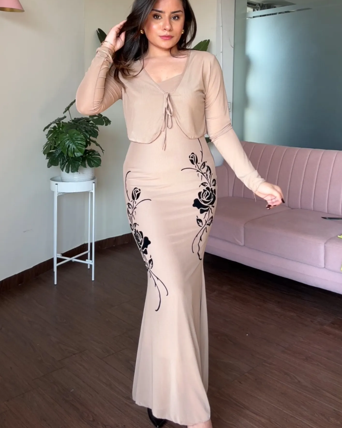 Rose Printed Mermaid Maxi Dress With Shrug