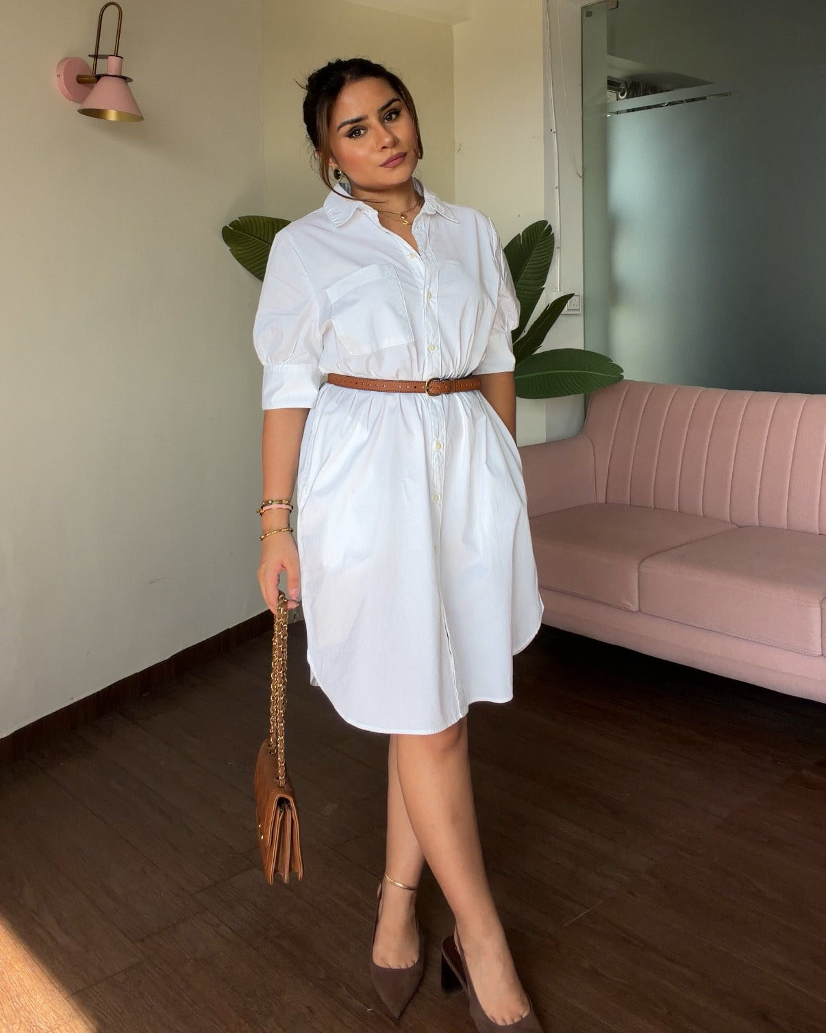 Solid White Puff Sleeve Shirt Dress