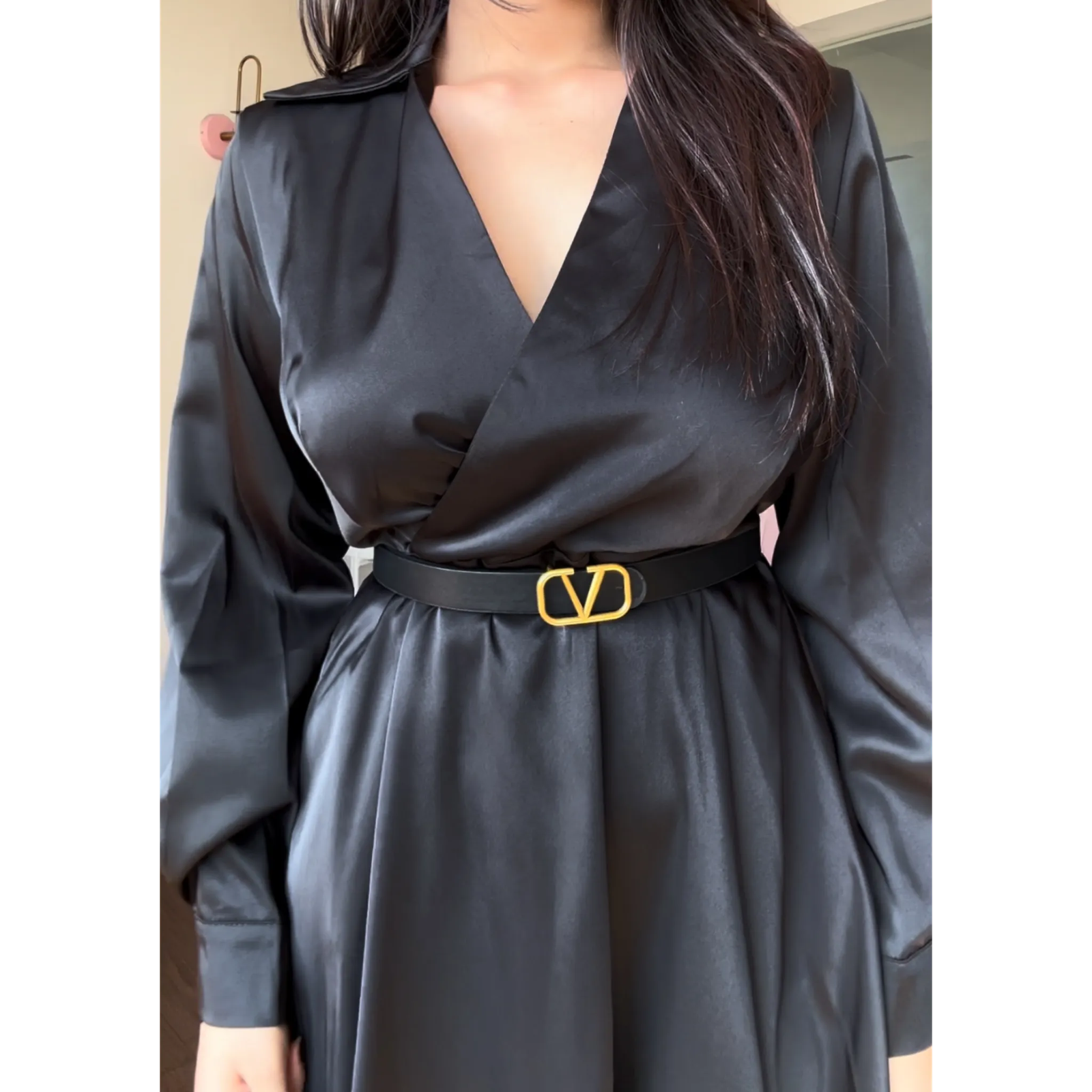 Satin V Neck Midi Dress With Belt