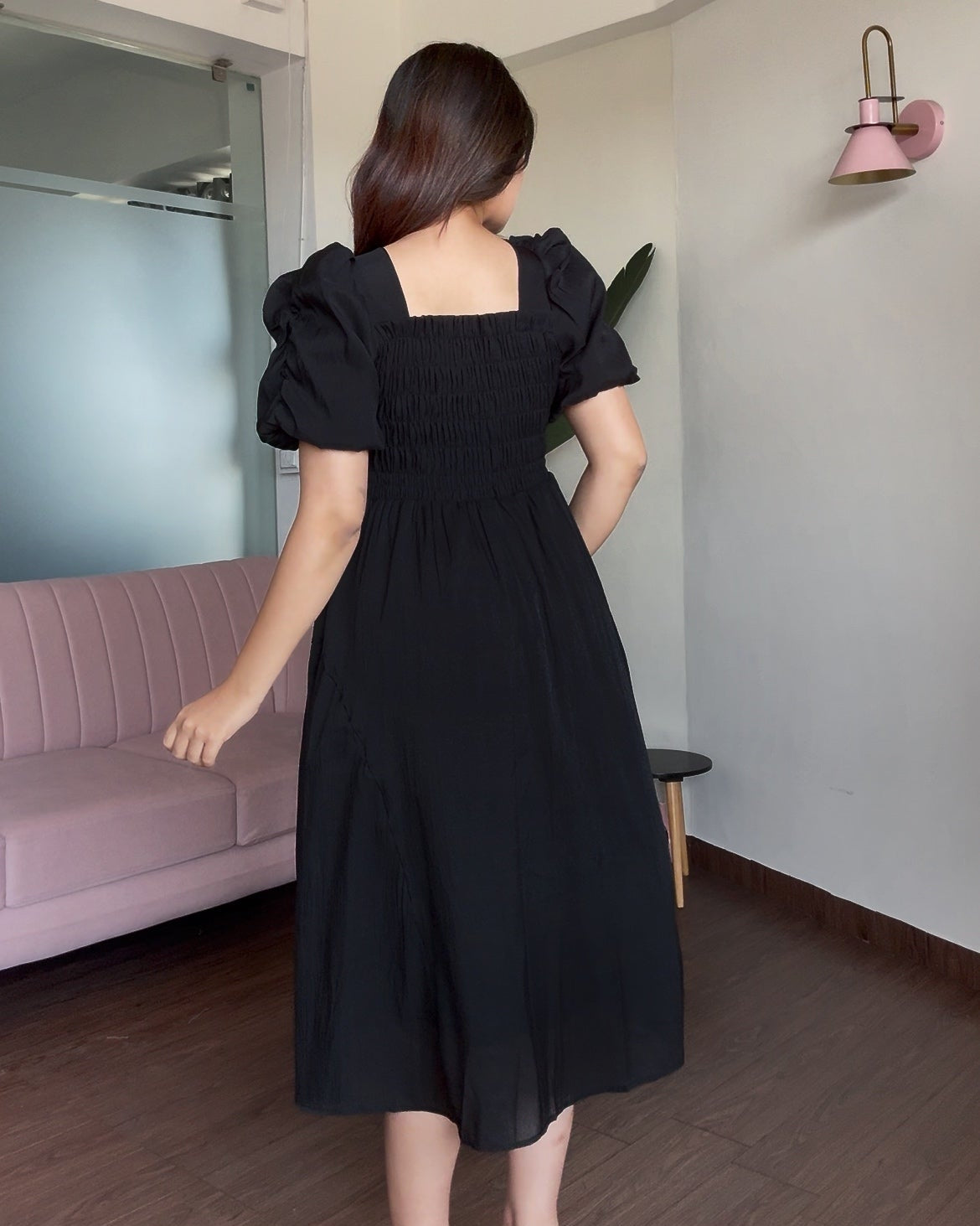 Smocked Puff Sleeve Tissue Organza Dress