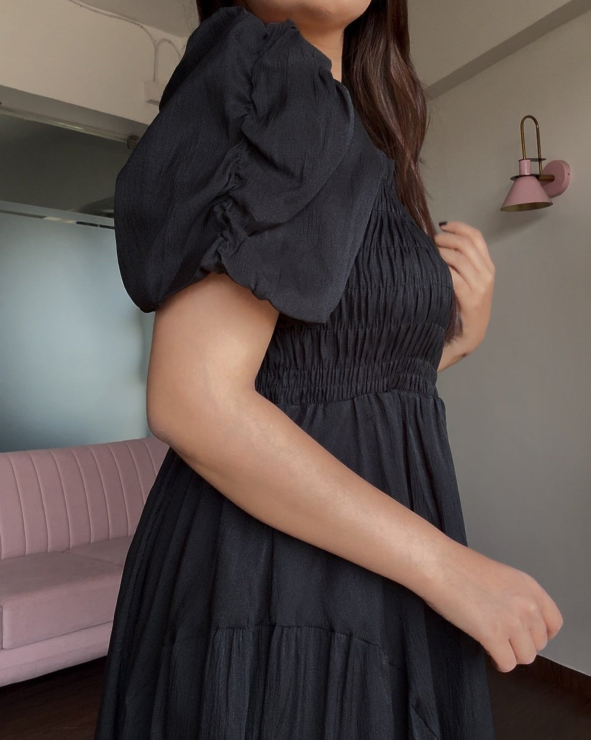 Smocked Puff Sleeve Tissue Organza Dress