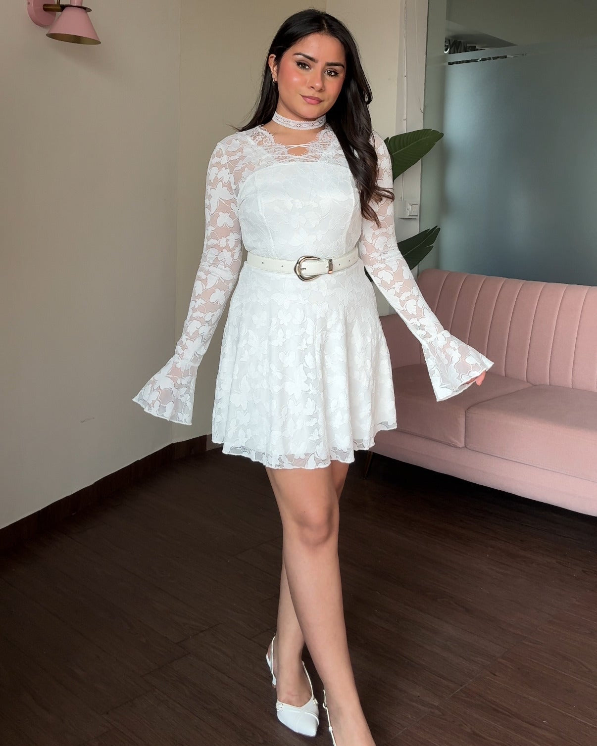 Lace Detailing Bell Sleeve Dress With Choker And Belt