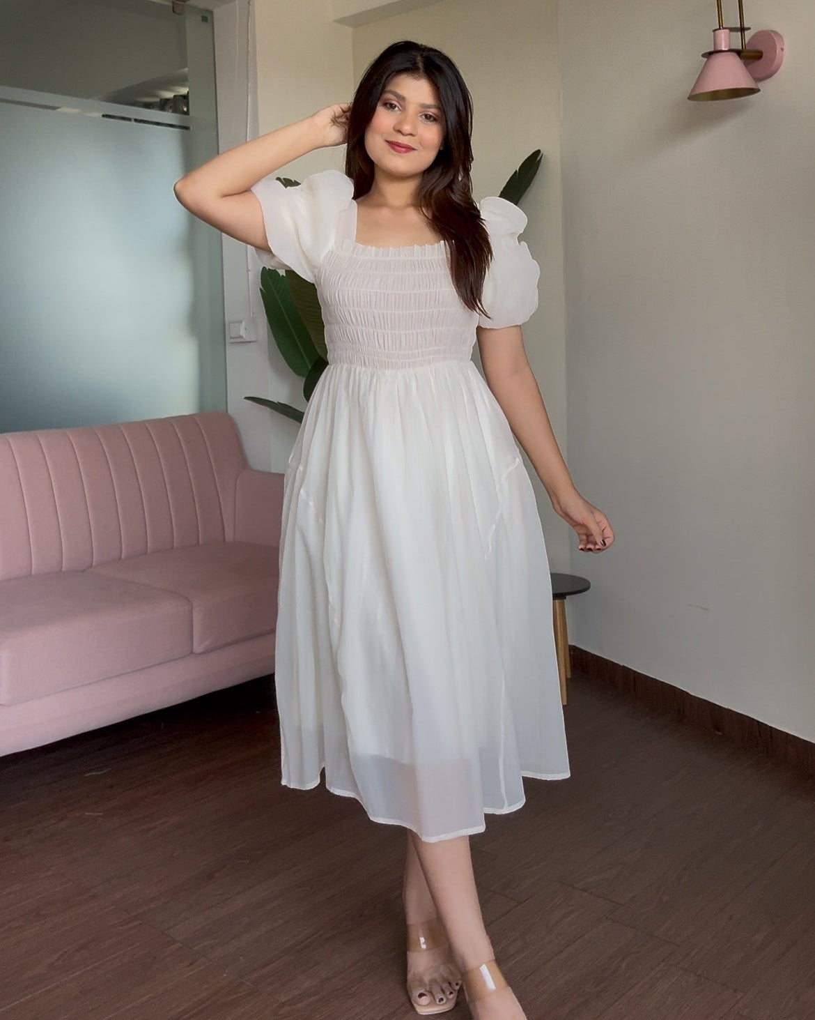 Smocked Puff Sleeve Tissue Organza Dress