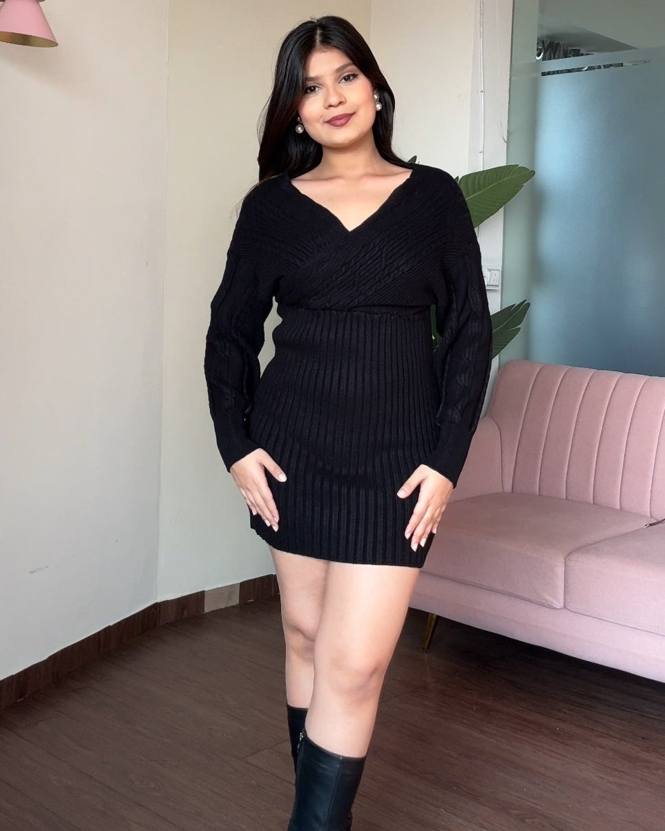 V Neck Soft Knitted Mini Dress