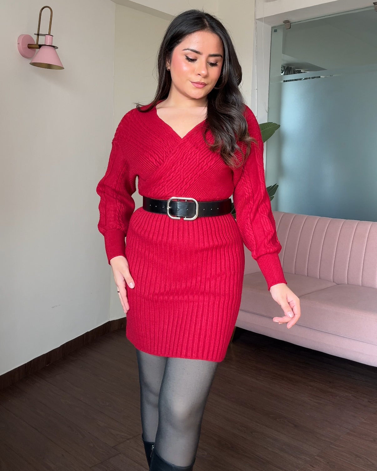 V Neck Soft Knitted Mini Dress