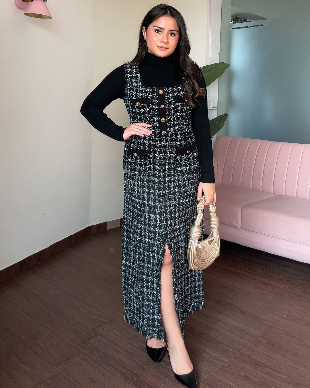 Cut Sleeve Tweed Midi Dress With Inner