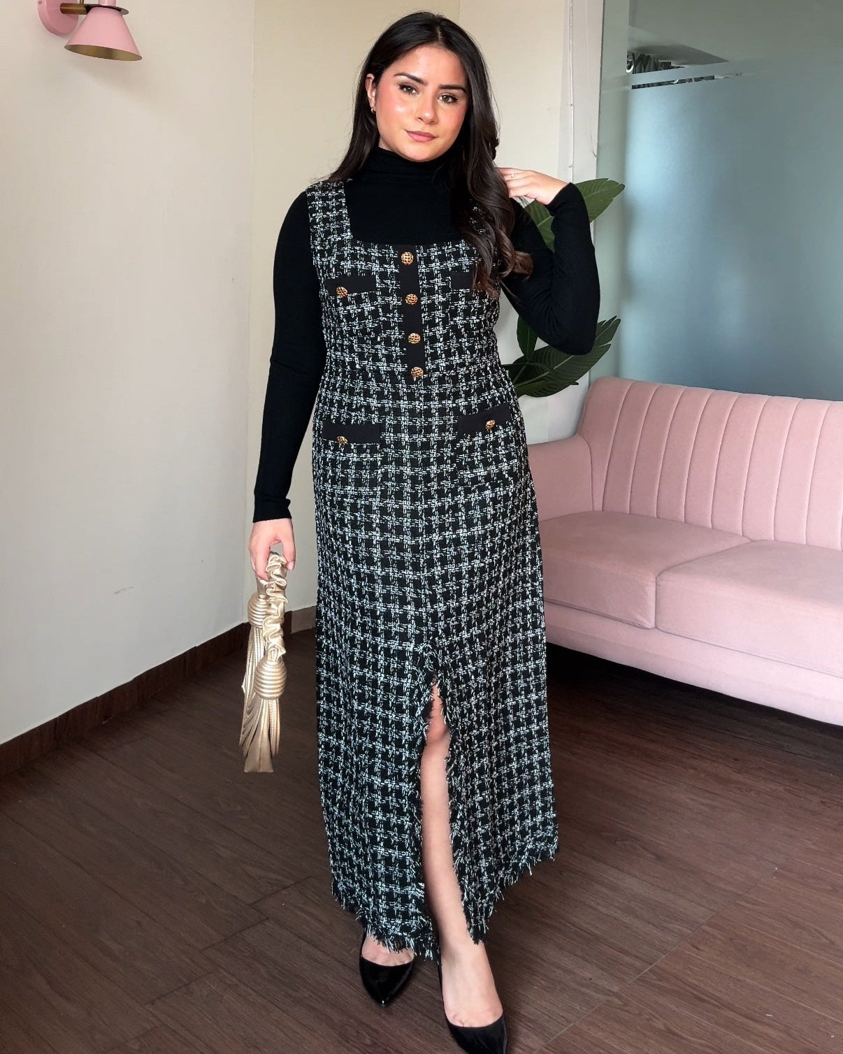 Cut Sleeve Tweed Midi Dress With Inner