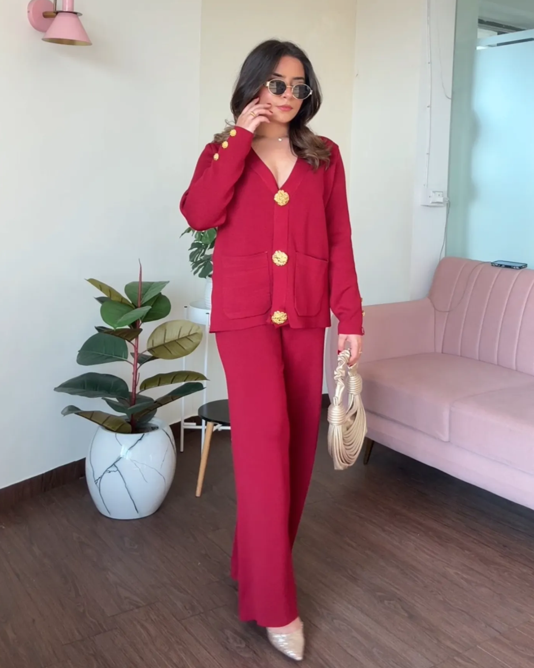 V neck Golden Button Co-ord Set