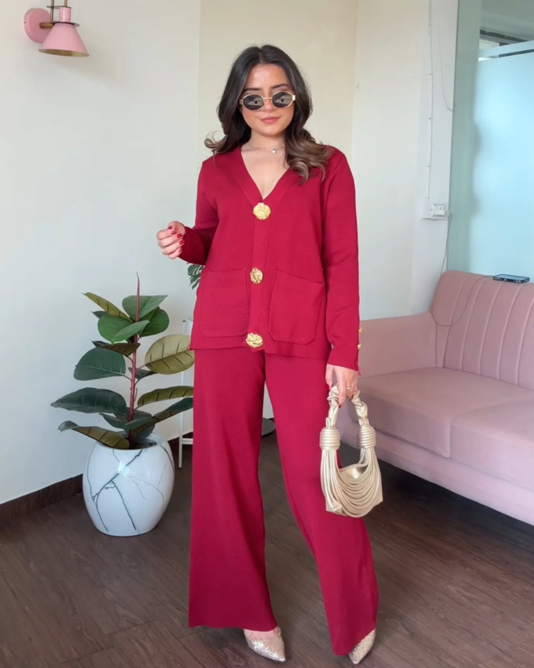 V neck Golden Button Co-ord Set