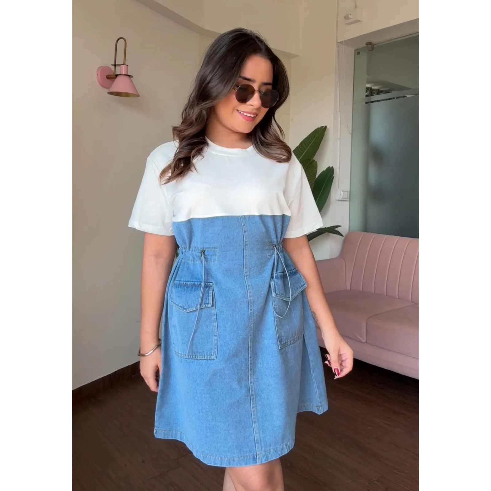 Denim Mini T-Shirt Dress With Adjustable Waist