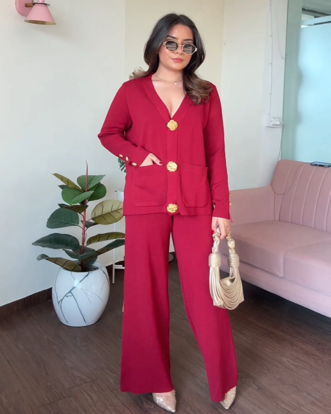 V neck Golden Button Co-ord Set