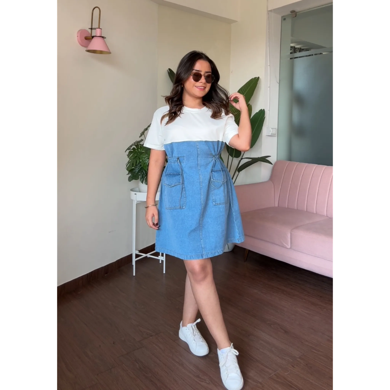 Denim Mini T-Shirt Dress With Adjustable Waist