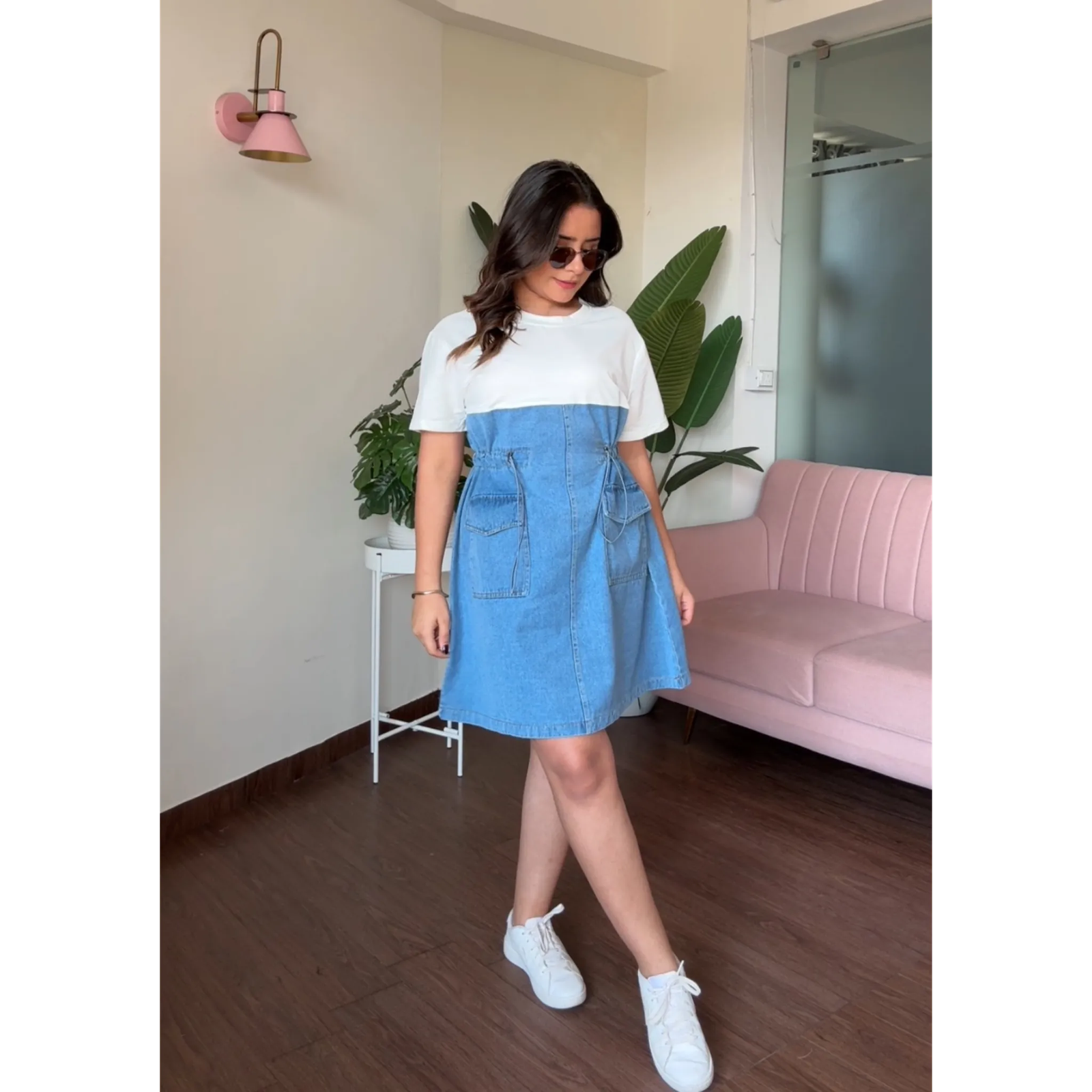 Denim Mini T-Shirt Dress With Adjustable Waist