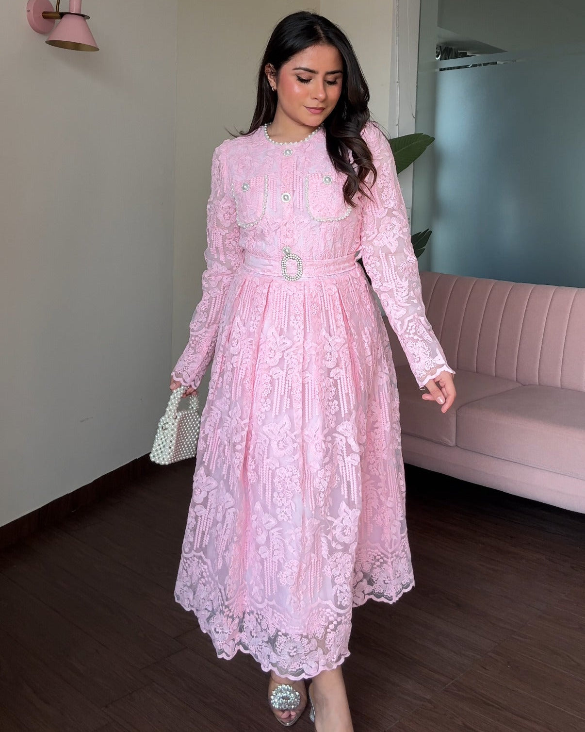 Lacy Pearl Detailing Midi Dress With Belt