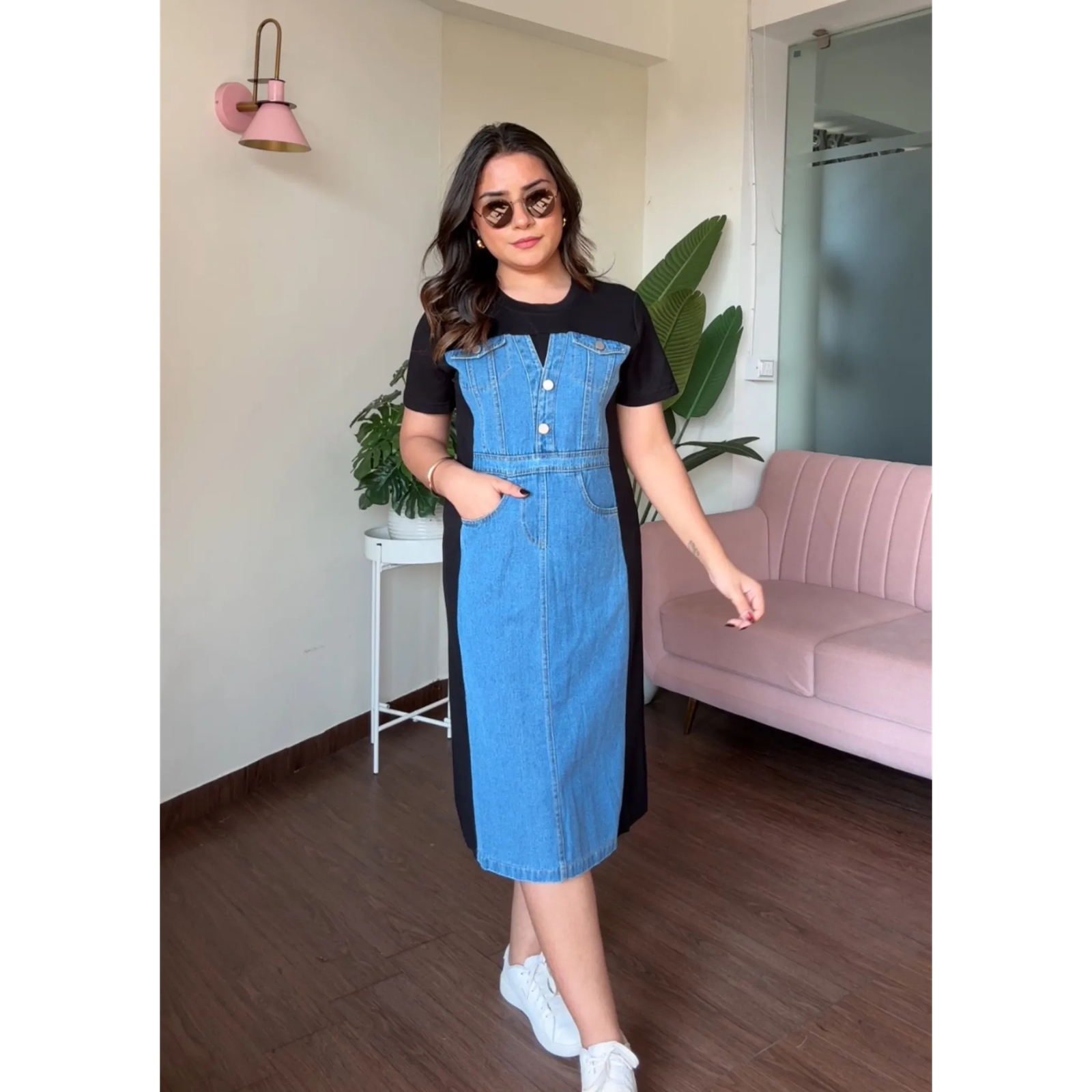 Dual Tone Denim Midi T-Shirt Dress