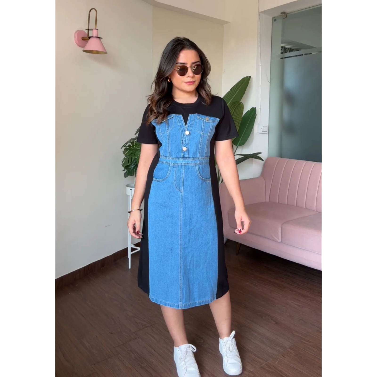 Dual Tone Denim Midi T-Shirt Dress