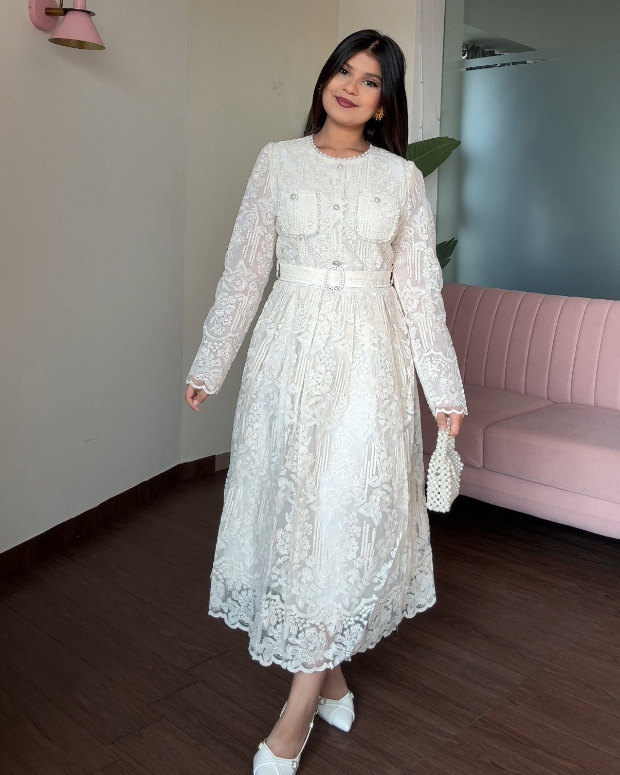 Lacy Pearl Detailing Midi Dress With Belt