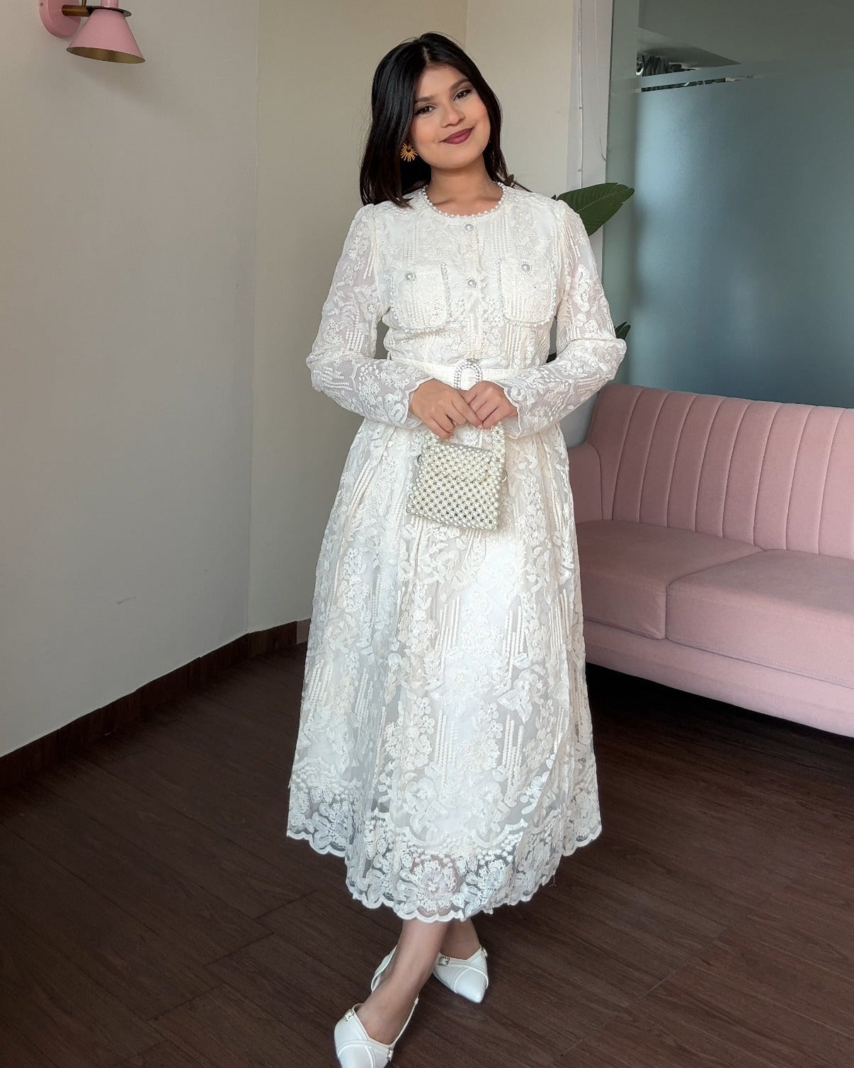 Lacy Pearl Detailing Midi Dress With Belt