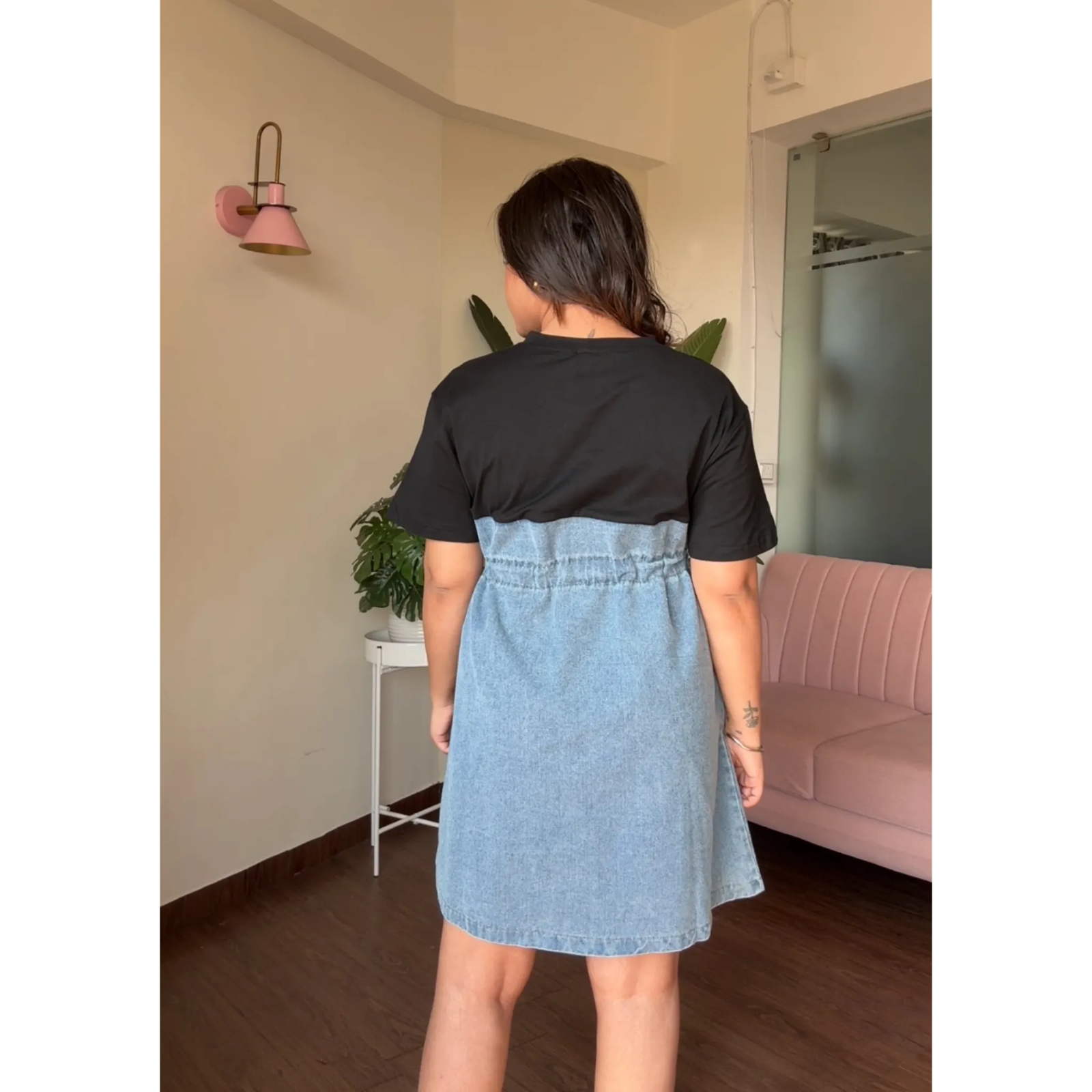 Denim Mini T-Shirt Dress With Adjustable Waist