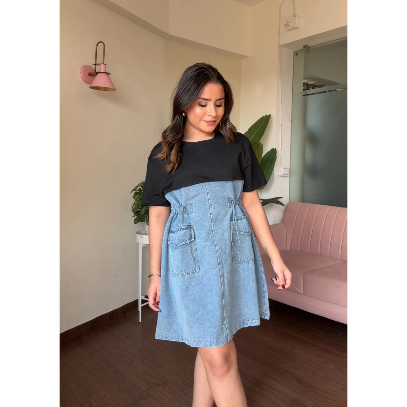 Denim Mini T-Shirt Dress With Adjustable Waist