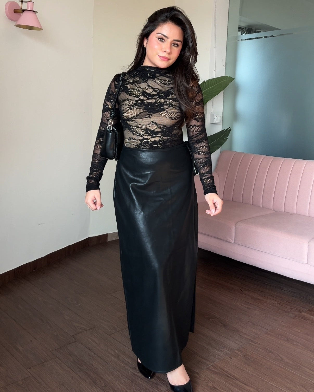 Waist Tie-Up Leather Midi Skirt