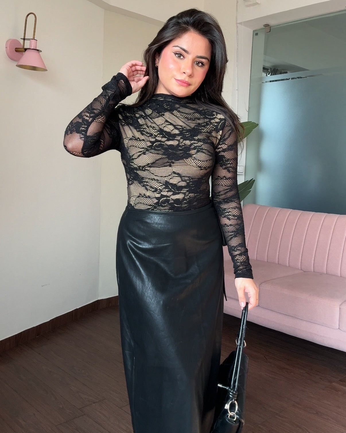 Lacy Double Layered Highneck Bodysuit Full Sleeve