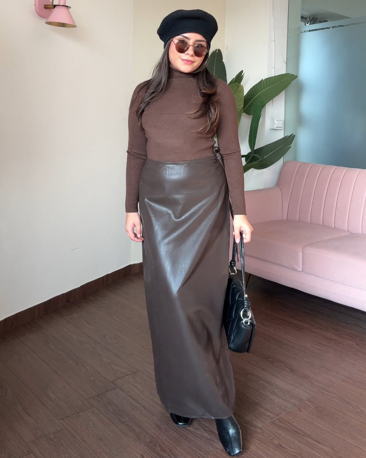 Waist Tie-Up Leather Midi Skirt