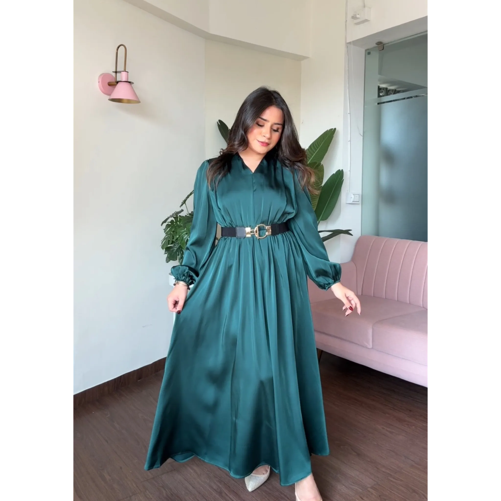 V Neck Satin Maxi Dress With Belt