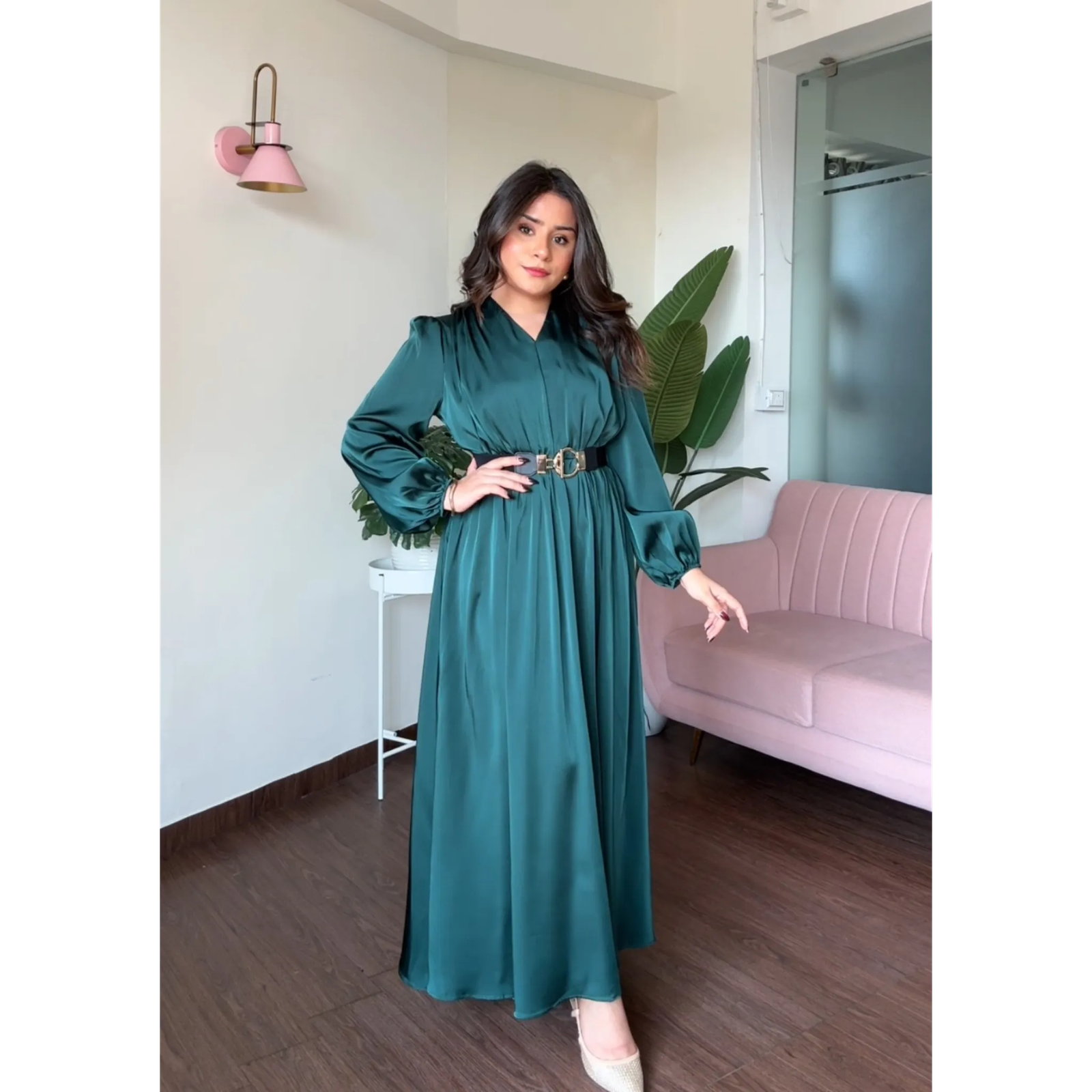 V Neck Satin Maxi Dress With Belt