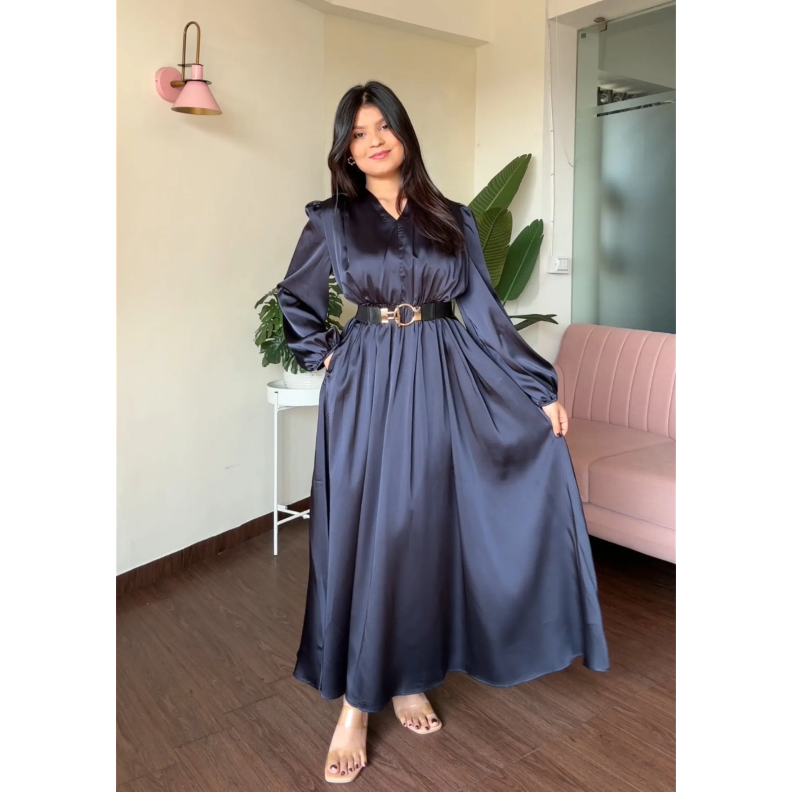 V Neck Satin Maxi Dress With Belt