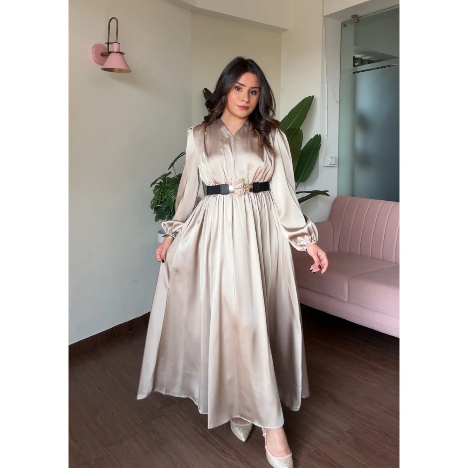 V Neck Satin Maxi Dress With Belt