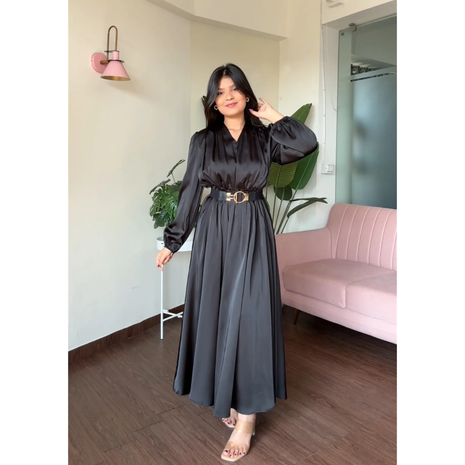 V Neck Satin Maxi Dress With Belt