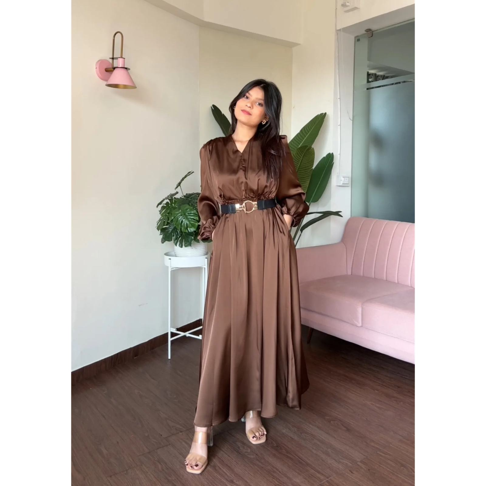 V Neck Satin Maxi Dress With Belt