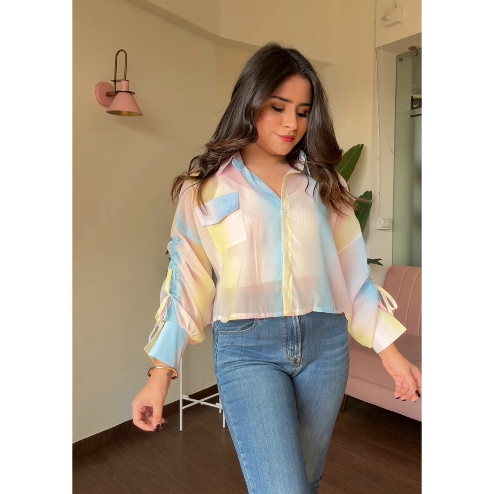 Shaded Tissue Rainbow Crop Shirt With Cami Top