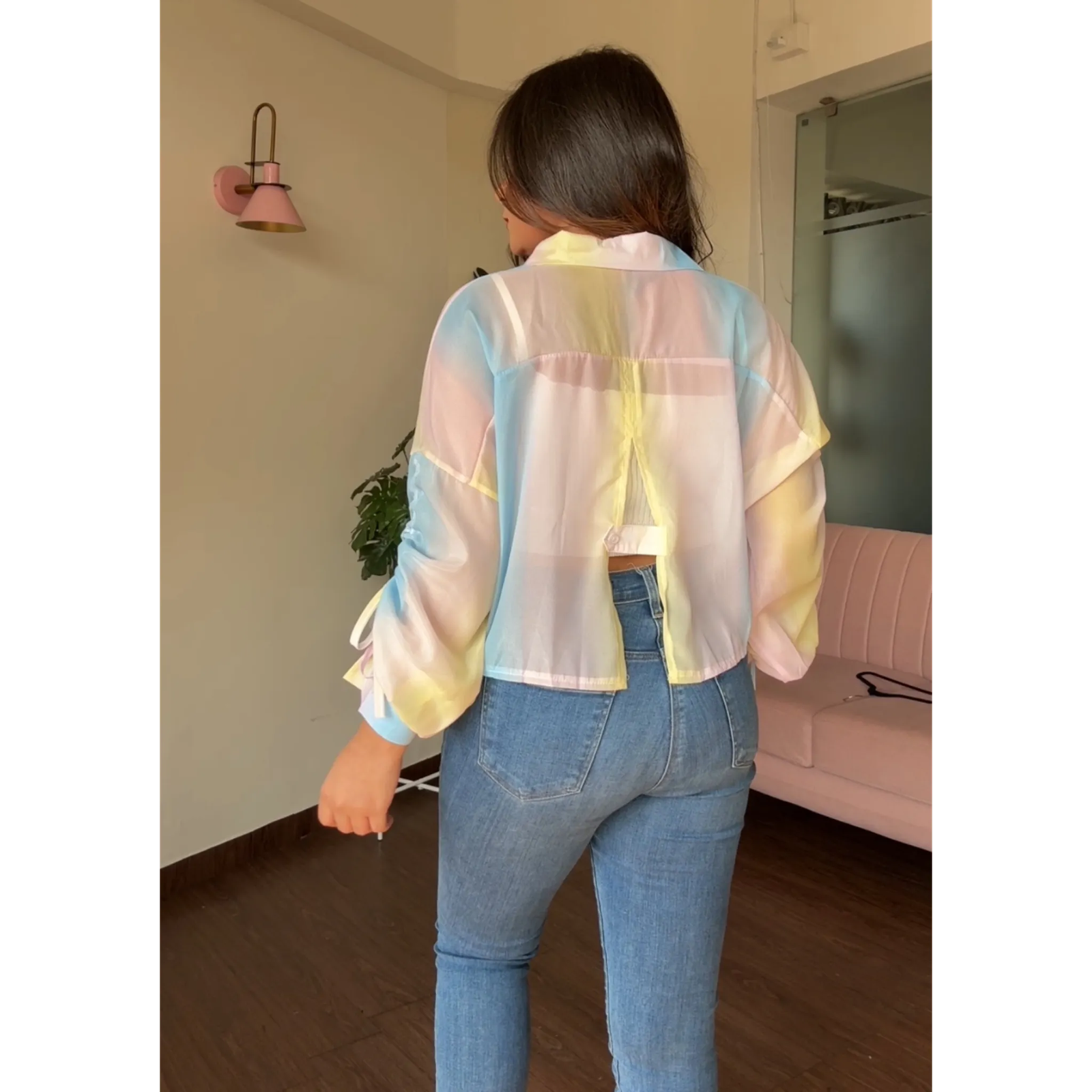 Shaded Tissue Rainbow Crop Shirt With Cami Top